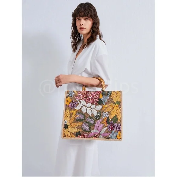 Sequined Floral Decorated Straw Tote Bag Bamboo Handle Embroidered - Picture 3 of 11